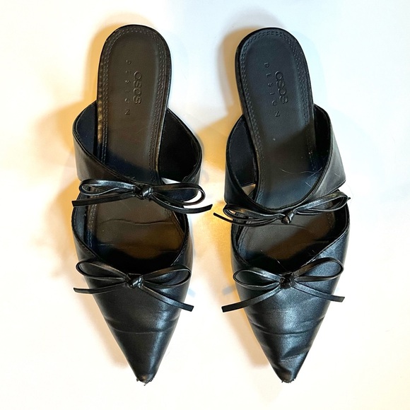 ASOS adorable black faux leather pointed bow slip on flats/mules - Picture 4 of 16